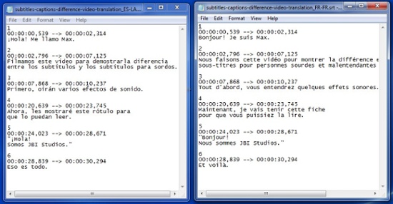 Một file phụ đề SRT cho tiếng Pháp và một file cho tiếng Tây Ban Nha của cùng một video gốc nói tiếng Anh