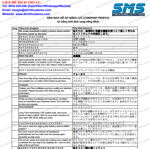  mẫu bản dịch hồ sơ năng lực công ty tiếng Nhật, do một biên dịch viên người Nhật của chúng tôi dịch trực tiếp từ tiếng Anh
