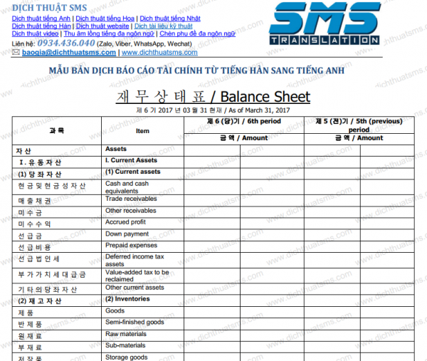 mẫu Bản dịch Báo cáo tài chính tiếng Hàn được dịch sang tiếng Anh