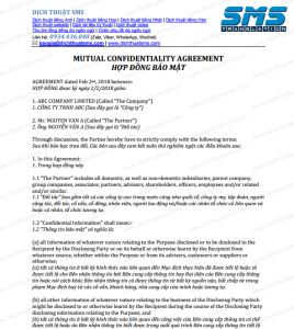 Tải ngay bản dịch Thỏa thuận Bảo mật thông tin song ngữ Anh-Việt, ở dạng file word, được dịch bởi đội ngũ Dịch Thuật SMS