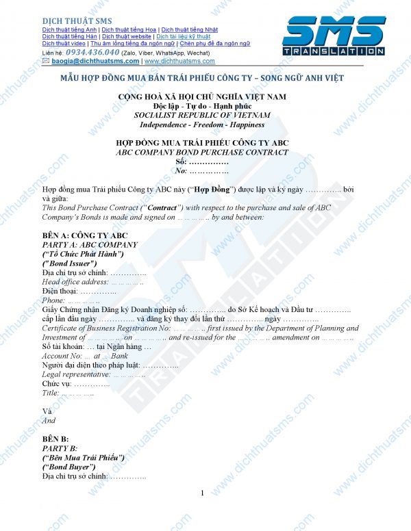 mẫu Hợp đồng mua bán trái phiếu dạng song ngữ Việt-Anh được dịch bởi đội ngũ Dịch Thuật SMS.