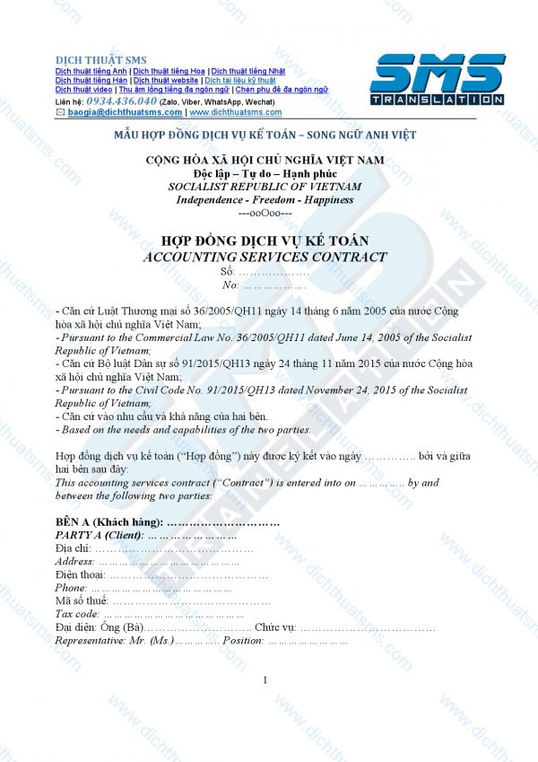Hợp đồng kế toán và đại lý thuế song ngữ Việt-Anh được dịch bởi đội ngũ Dịch Thuật SMS.