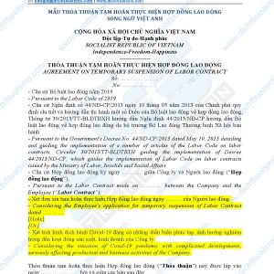 Xin giới thiệu mẫu Thỏa thuận tạm hoãn thực hiện hợp đồng lao động bằng tiếng Anh, tiếng Việt và song ngữ Việt Anh được dịch thuật chuyên nghiệp bởi đội ngũ dịch hợp đồng tiếng Anh của Dịch Thuật SMS.