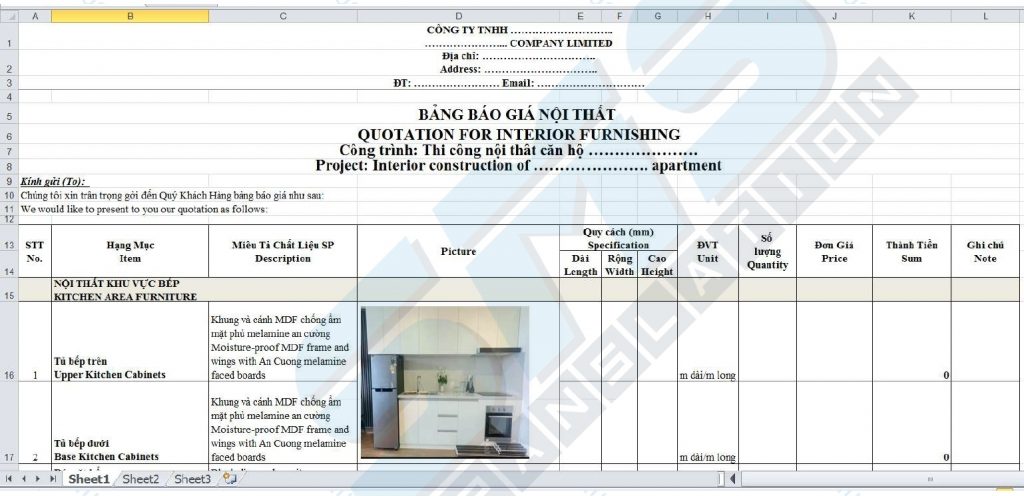 Mẫu bảng báo giá thi công nội thất song ngữ Anh Việt (File excel)