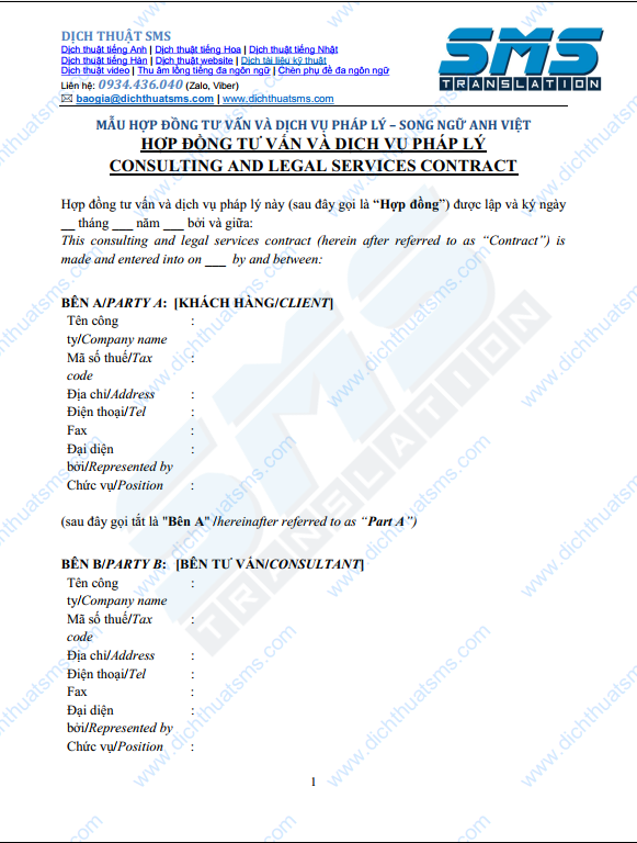 Xin giới thiệu mẫu Hợp đồng tư vấn pháp lý theo sự vụ (Consulting and legal services contract) bằng tiếng Anh, Việt và song ngữ Anh-Việt được dịch bởi đội ngũ dịch thuật hợp đồng tiếng Anh của Dịch Thuật SMS.
