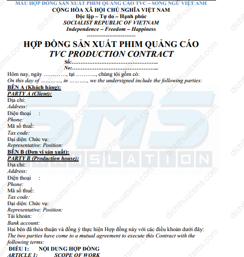 Mẫu hợp đồng sản xuất phim quảng cáo TVC song ngữ Anh Việt