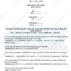 Xin giới thiệu mẫu hợp đồng thi công hệ thống phòng cháy chữa cháy song ngữ Việt Trung (建设工程合同) được dịch bởi đội ngũ DỊCH TÀI LIỆU TIẾNG TRUNG của Dịch Thuật SMS, áp dụng cho việc thi công các hạng mục: Hệ thống cấp nước chữa cháy & Sprinkler, Hệ thống báo cháy tự động, Hệ thống chống sét. (项目：消防给水及自动喷水灭火系统、自动火灾报警系统、防雷系统。)