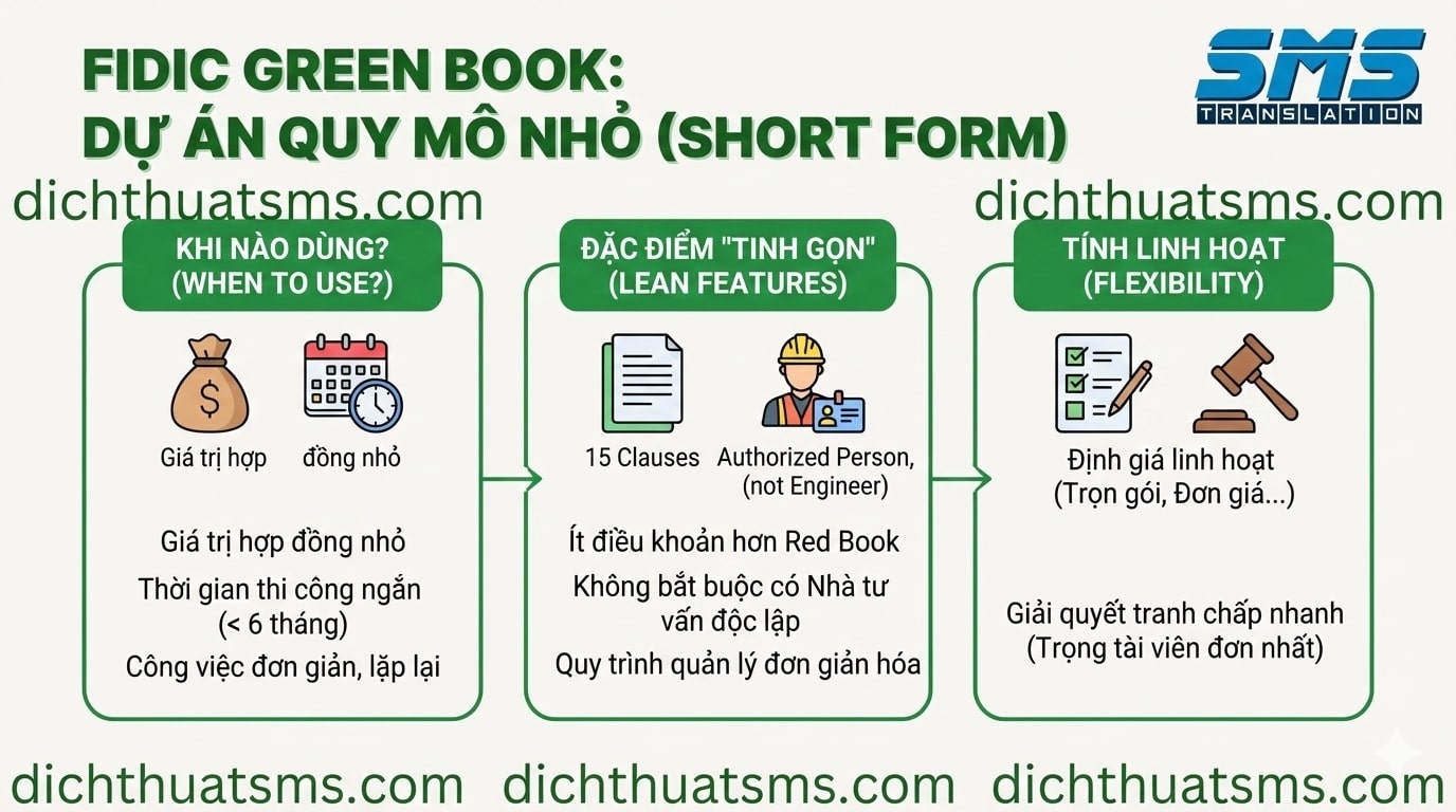 FIDIC cho ra đời Green Book (Sách Xanh) - Mẫu Hợp đồng Ngắn gọn (Short Form of Contract). Đây là "lưỡi dao Thụy Sĩ" đa năng, sắc bén và linh hoạt dành cho các dự án quy mô nhỏ.