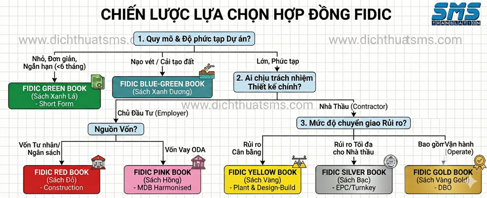 "Mindmap Tư Duy" (Decision Matrix) được chúng tôi hệ thống hóa lại giúp Chủ đầu tư hoặc Nhà thầu định vị ngay lập tức cuốn sách FIDIC cần thiết cho dự án của mình