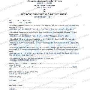 Mẫu hợp đồng cho thuê xe ô tô theo tháng tiếng Trung