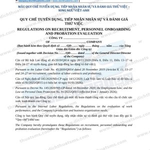Mẫu Quy chế tuyển dụng, tiếp nhận nhân sự và đánh giá thử việc song ngữ Việt Anh