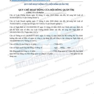 Mẫu Quy chế hoạt động của Hội đồng quản trị song ngữ Việt Trung