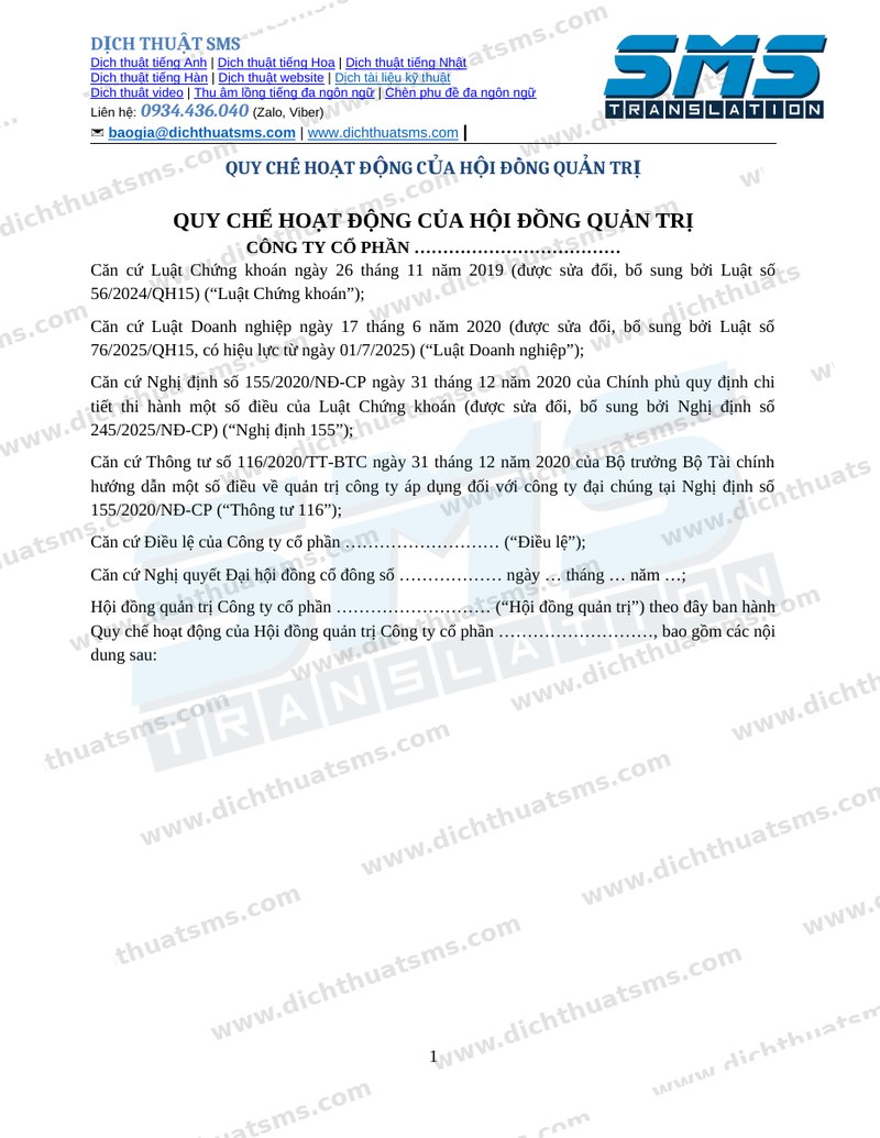 Mẫu Quy chế hoạt động của Hội đồng quản trị song ngữ Việt Trung