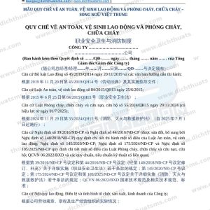 Mẫu Quy chế về an toàn, vệ sinh lao động và phòng cháy, chữa cháy song ngữ Việt Trung