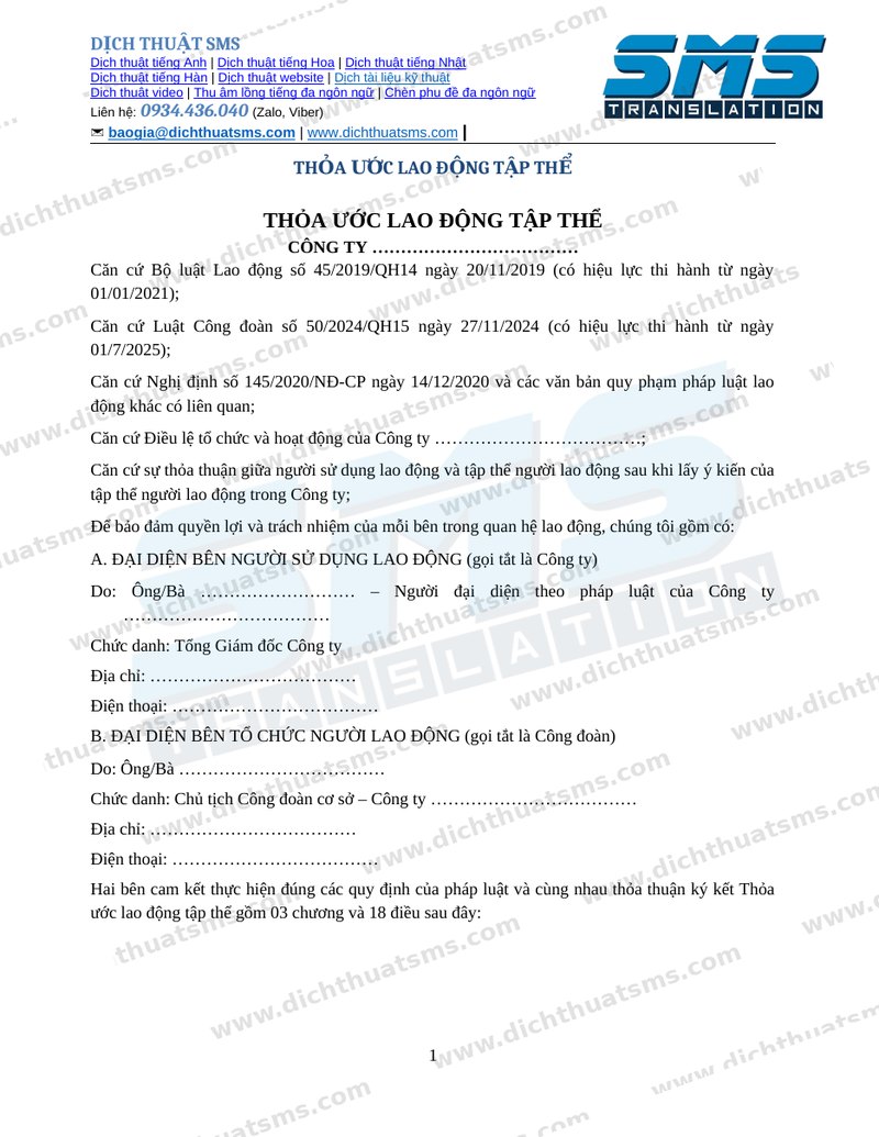 Mẫu Thỏa ước lao động tập thể song ngữ Việt Trung