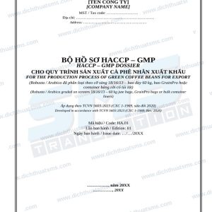 Bộ hồ sơ HACCP-GMP cà phê nhân song ngữ Anh Việt