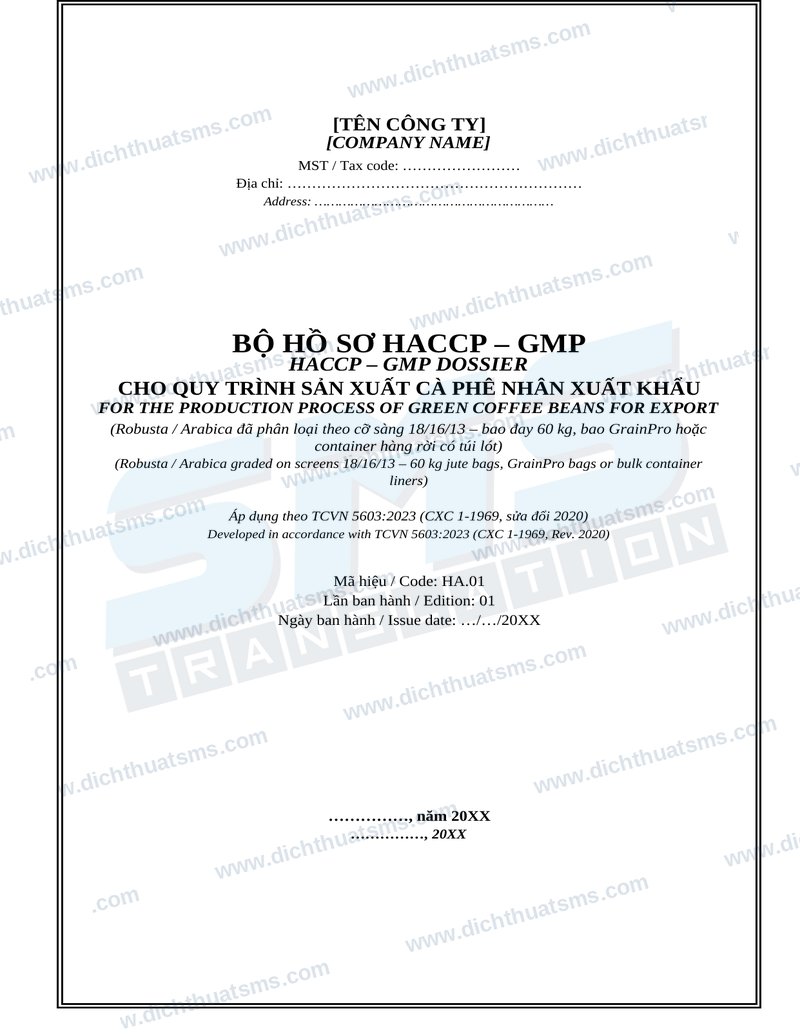 Bộ hồ sơ HACCP-GMP cà phê nhân song ngữ Anh Việt