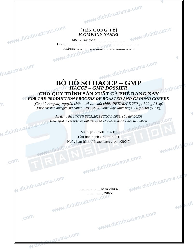 Bộ hồ sơ HACCP-GMP cà phê rang xay song ngữ Anh Việt