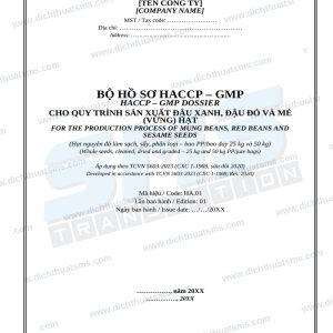 Bộ hồ sơ HACCP-GMP đậu xanh, đậu đỏ và mè song ngữ Anh Việt