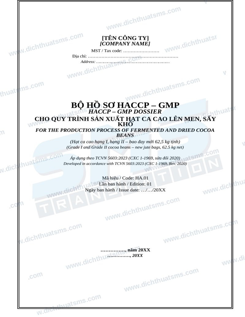 Bộ hồ sơ HACCP-GMP hạt ca cao song ngữ Anh Việt