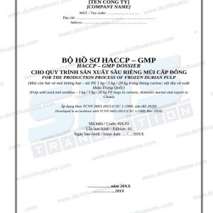 Bộ hồ sơ HACCP-GMP sầu riêng cấp đông song ngữ Anh Việt