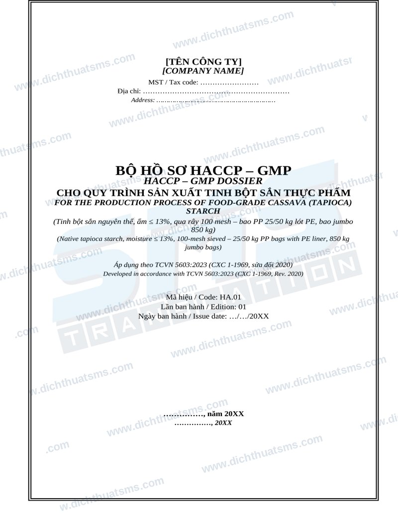Bộ hồ sơ HACCP-GMP tinh bột sắn song ngữ Anh Việt