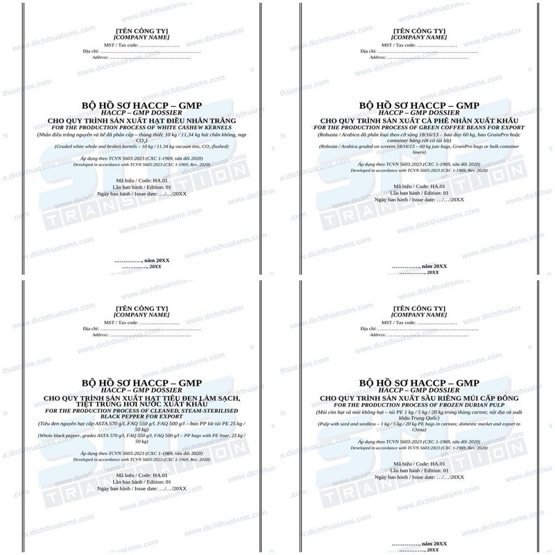 Soạn hồ sơ HACCP – GMP song ngữ theo yêu cầu cho doanh nghiệp chế biến nông sản
